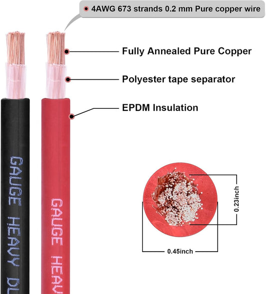 4 Gauge Battery Cable, 10FT Red + 10FT Black 4 AWG Pure Copper Wire Welding Cable, for Automotive, Battery, Solar and Generator, Standard USA OFC Wire